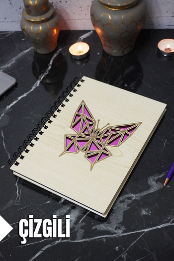 markcat Butterfly Themed Lined Notebook with Wooden Cover - Agenda and School Notebook (A5 - 120 Pages)
