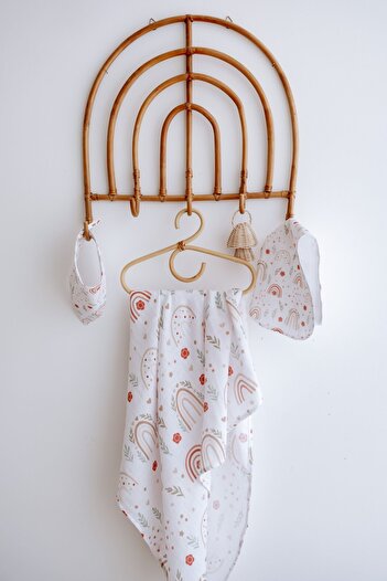 Lilabio 100% Organic Cotton Double Layer Rainbow Patterned Muslin Cover Set (100X100 Muslin-Bib-Shoulder Cloth)