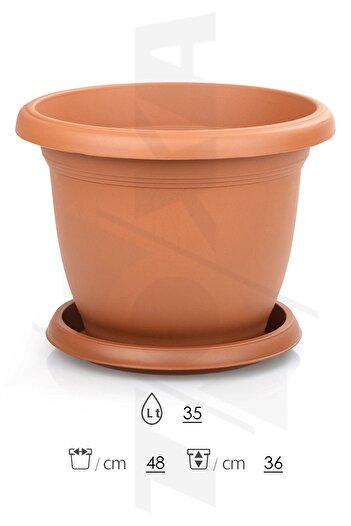 ToXA 32 Litre Ø48x36cm Tabaklı Yuvarlak Plastik Büyük Boy Villa Saksı No10 Mat Kiremit