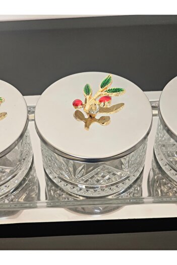 atabey home collection 3-piece Bowl Set with Olive Silver Tray - Sugar Bowl, Presentation and Snack Bowl