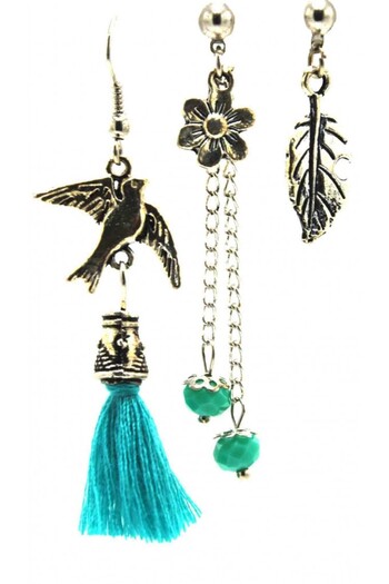 AKIN AKSESUAR HEDİYELİK 3-Piece Tasseled Authentic Bird - Leaf Flower Figured Earrings