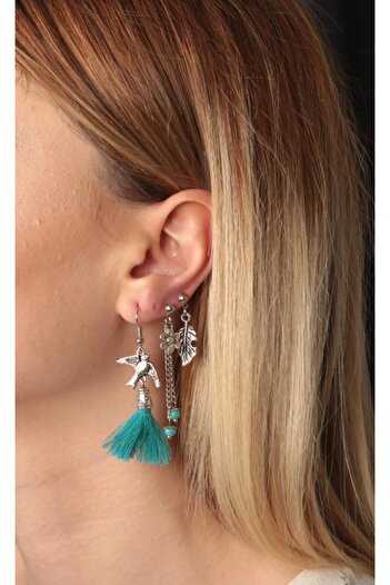 AKIN AKSESUAR HEDİYELİK 3-Piece Tasseled Authentic Bird - Leaf Flower Figured Earrings