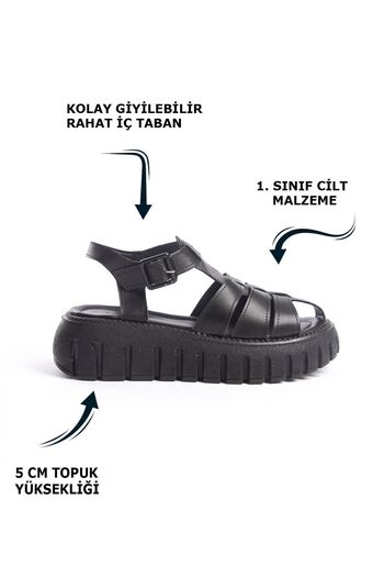 Limeo Black High Sole Three-Stripe Closed-Front Buckle Women's Summer Sandals