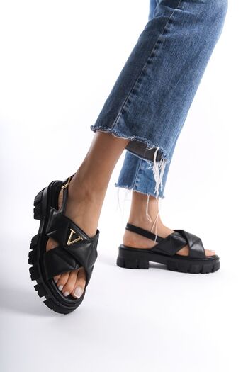 Limeo Gold V Logo Detailed - High Soft Sole Black Puff Summer Women's Sandals