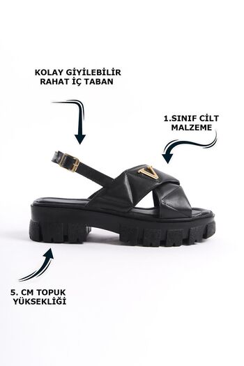 Limeo Gold V Logo Detailed - High Soft Sole Black Puff Summer Women's Sandals