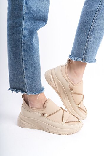 Limeo Cream High Sole Comfortable Soft Shiny Stripe Detailed Women's Casual Sports Walking Shoes Sneakers