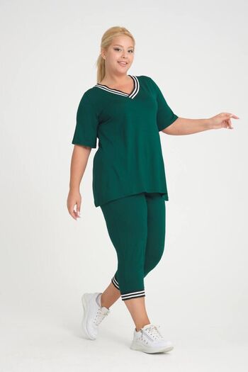 garajmood Plus Size Emerald V-Neck and Stripe Detailed Pocketed Tights-Blouse Set