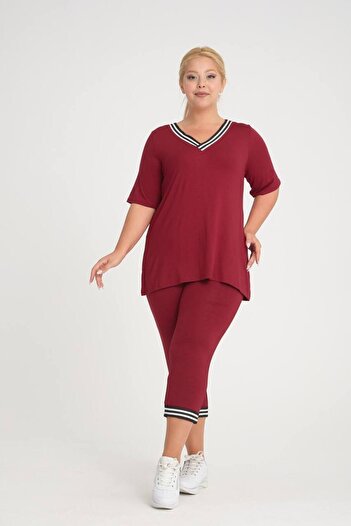 garajmood Plus Size Claret Red V-Neck Stripe Pocketed Tights-Blouse Set
