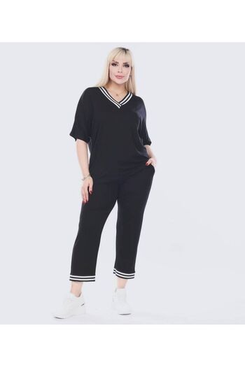 garajmood V-Neck Stripe Detailed Black Tights and Blouse - Plus Size Set