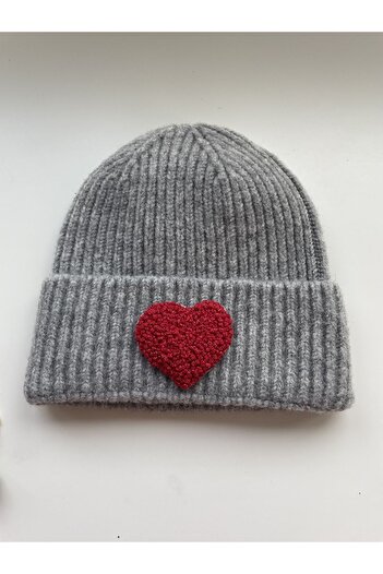byebruketenci Gray Wool Beret Red Heart Punch Detailed Gift