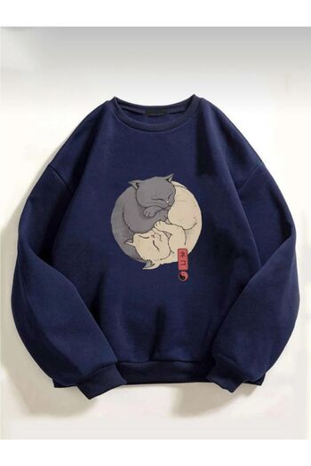 OFFSIDESIGN Унісекс-светр Oversize з принтом Ying Yang Cat - велосипедний комір, чорно-біло-сіро-червоний