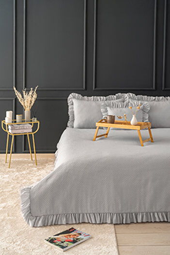 Odamoda Eva Gray Pique Bed Cover Set - Cotton and Frilly, Single, Stylish Box and Pack