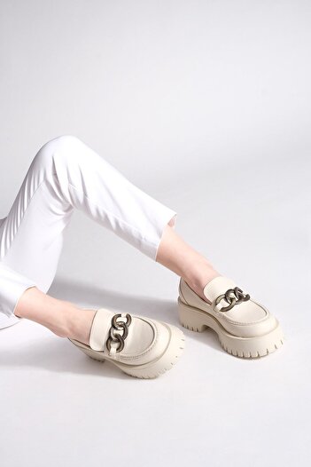 Marjin Women's Chain Buckle Loafer High Sole Casual Shoes Zozes ecru
