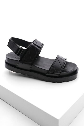 Marjin Women's Genuine Leather Daily Velcro Sandals Hifaz Black