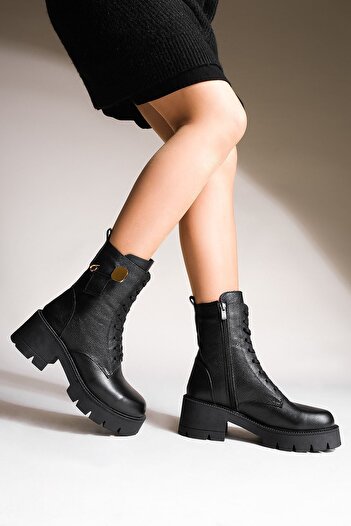 Marjin Women's Genuine Leather Boots Lace Up Zippered Thick Serrated Sole Akle black