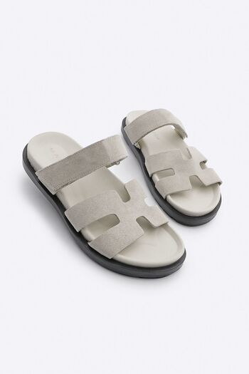 Marjin Beige Suede Women's Slippers - Genuine Leather and Velcro Daily Eskep