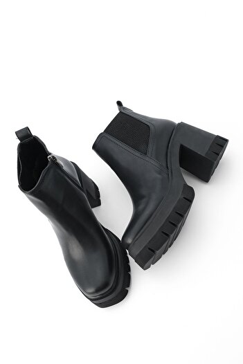 Marjin Women's Zippered Rubber Detailed Heeled Boots Veros Black