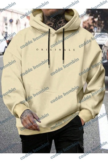 caddekombin Beige Color Oversize Hooded Men's T-Shirt - Originals Printed