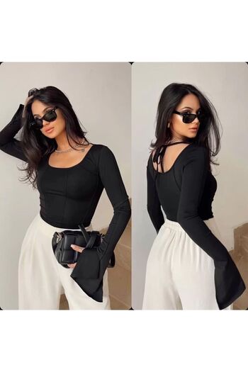 laughs Women's long sleeve square collar flounced backless blouse with stitching detail SRA7799