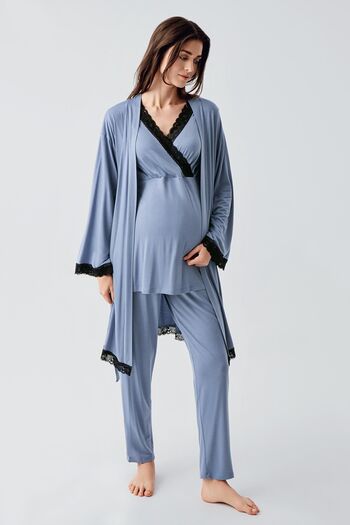 Artış Lycra Viscous Long Sleeve Pajamas and Dressing Gown Set for Pregnant Women