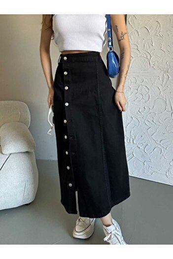 cms jeans Kadın Önü Düğmeli Maxi Boy Siyah Likralı Denim Etek
