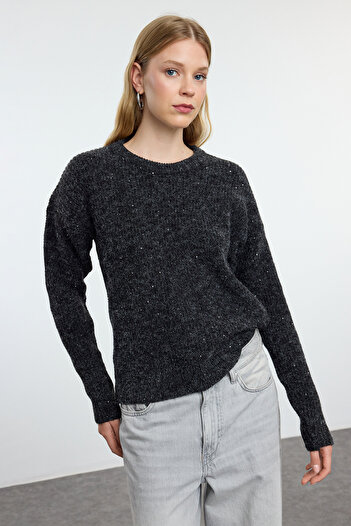 Trendyol Collection Pulover din tricotaj antracit cu textura moale - Detaliu cu paiete TWOAW25KZ00324