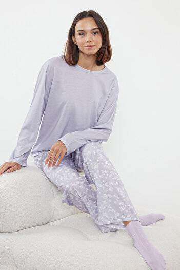 Trendyol Collection Set pijamale tricotate florale liliac 100% bumbac THMAW25PT00187