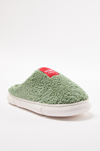TRENDYOL SHOES Zöld plüss szőtt címke részletes női beltéri papucs TAKAW25ER00012