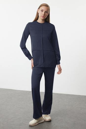 Trendyol Modest Navy Blue Ribbed Oversize Set - Lower & Upper Tctaw25us00113