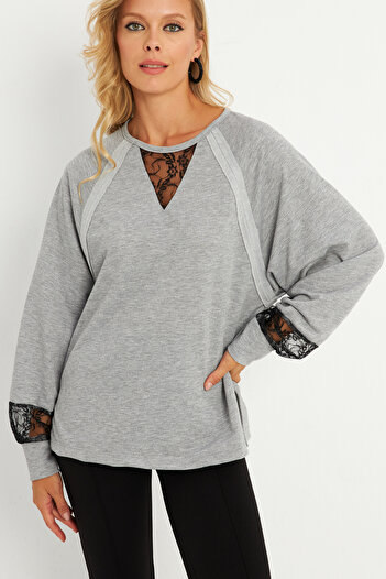 Cool & Sexy Gray Lace Detailed Women's Sweatshirt - Ey2906