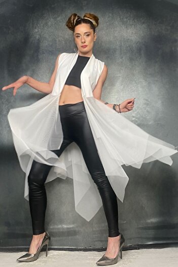 Quincey Asymmetric Cut White Tulle Scuba Vest Tunic