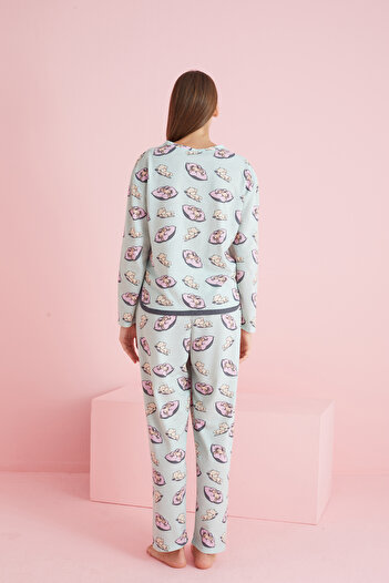 Siyah İnci yeşil pembe yastık desenli Biyeli Örme Pijama Takım 7777
