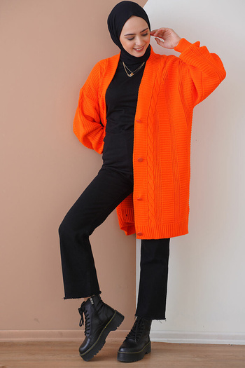 Bigdart Women's Hair Braid Pattern Buttoned Orange Knitwear Cardigan