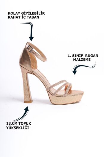 Limeo Gold Shiny Stoned Three-Stripe Buckle Thin High Heeled Women's Evening Dress Shoes