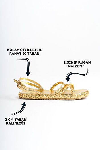 Limeo Women's Three Twist Pattern Striped Shiny Gold Comfortable Low Flat Sole Summer Women's Gold Sandals Slippers