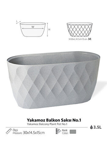 ToXA 3.5lt 30x14,5x15cm Baklava Desenli Hazneli Yakamoz Balkon Saksısı Parlak Plastik Saksı No1 Granit