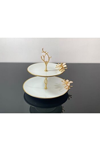 atabey home Porcelain Round Presentation Holder 2 Tiers White Flower