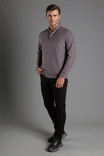 ZEKİ ÖZER Men's Polo Collar Anthracite Textured Sweater