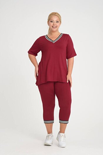 garajmood Plus Size Claret Red V-Neck Stripe Pocketed Tights-Blouse Set
