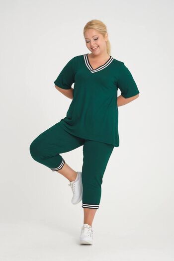garajmood Plus Size Emerald V-Neck and Stripe Detailed Pocketed Tights-Blouse Set
