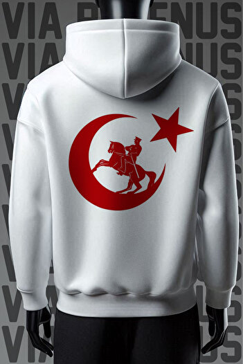 Vordevia Ataturk and Moon Star με στάμπα με 3 νήματα καγκουρό τσέπη - φούτερ με φαρδιά λευκή κουκούλα