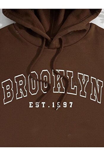 Boi Brooklyn 1997 Printed Unisex Oversize Hooded Sweatshirt - Μαύρο Μπεζ Μωρό