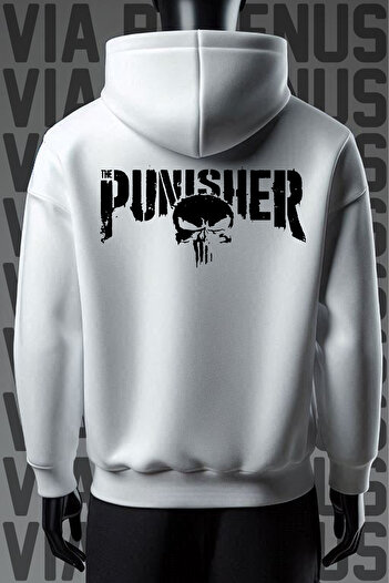 Vordevia Λευκό φούτερ με κουκούλα Punisher με στάμπα μπροστά και πίσω, φαρδιά εφαρμογή με 3 κλωστές