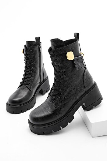 Marjin Women's Genuine Leather Boots Lace Up Zippered Thick Serrated Sole Akle black