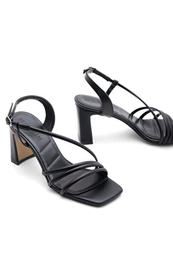 Marjin Women's Heeled Shoes Metallic Blunt Toe Thick Heel Sandals Kilen black