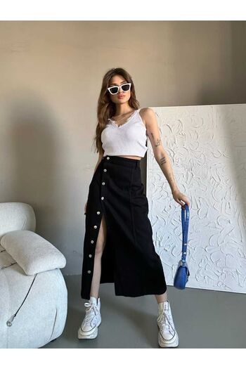 Swet Shop Jeans Kadın Önü Düğmeli Uzun Boy Siyah Likralı Kot Etek