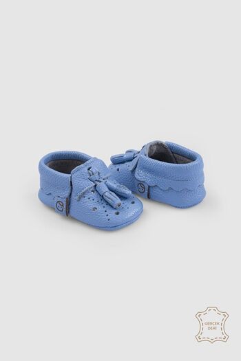 Little Gusto Blue Leather Baby Booties - with Buckle