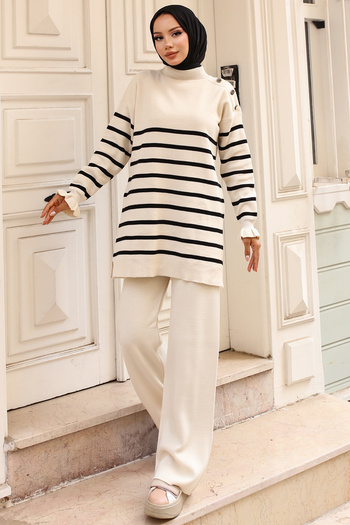 benguen 24019 Stone Colored Shoulder Striped Knitwear Set