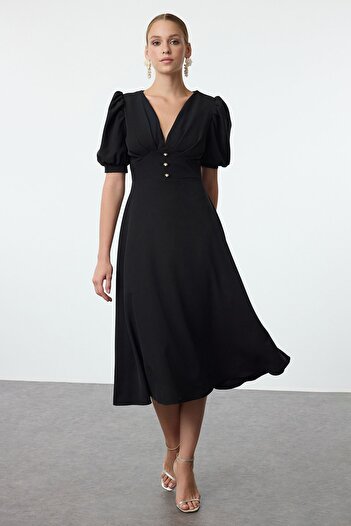 Trendyol Collection Rochie de seară elegantă, neagră, în formă de A, cu pietre strălucitoare, rochie de absolvire de noapte TPRSS24EL00207