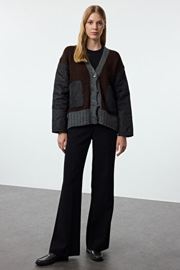 Trendyol Collection Color Blocked Anthracite Knitwear Cardigan - Soft Texture, Quilted Detail Twoaw25Hi00294